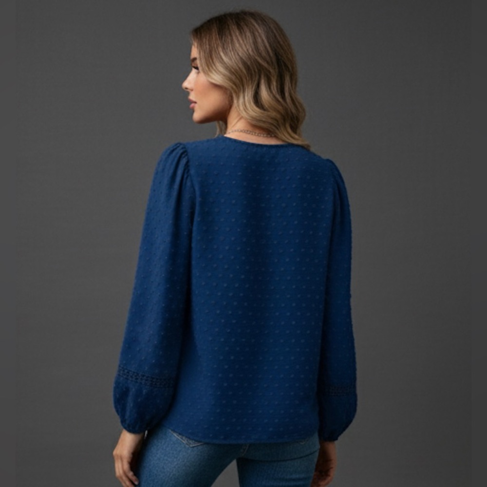 Swiss Dot Guipure Lace Insert Lantern Sleeve Blouse Blue - Picture 4 of 7